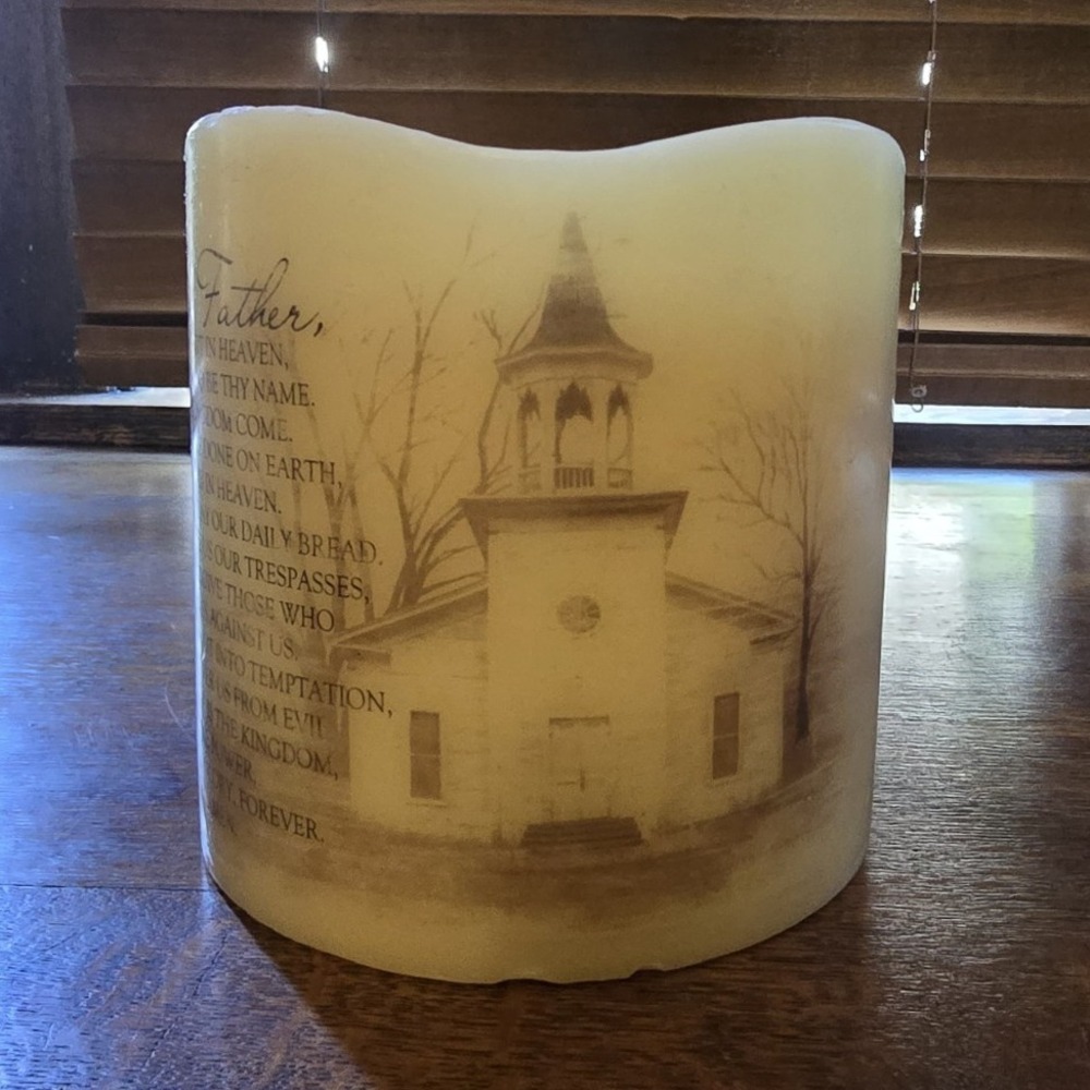 Ivory LED Battery-Operated Church Candle with Our Father Prayer, Wax, Unscented